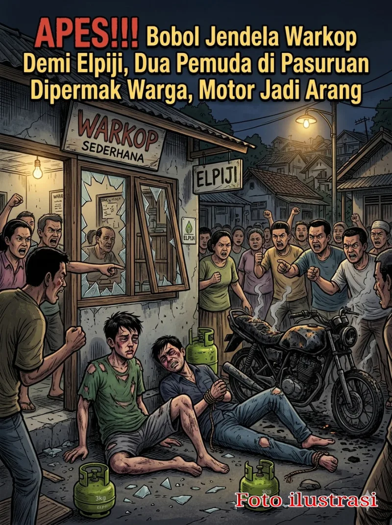 Apes!!! Bobol Jendela Warkop Demi Elpiji, Dua Pemuda di Pasuruan Dipermak Warga, Motor Jadi Arang